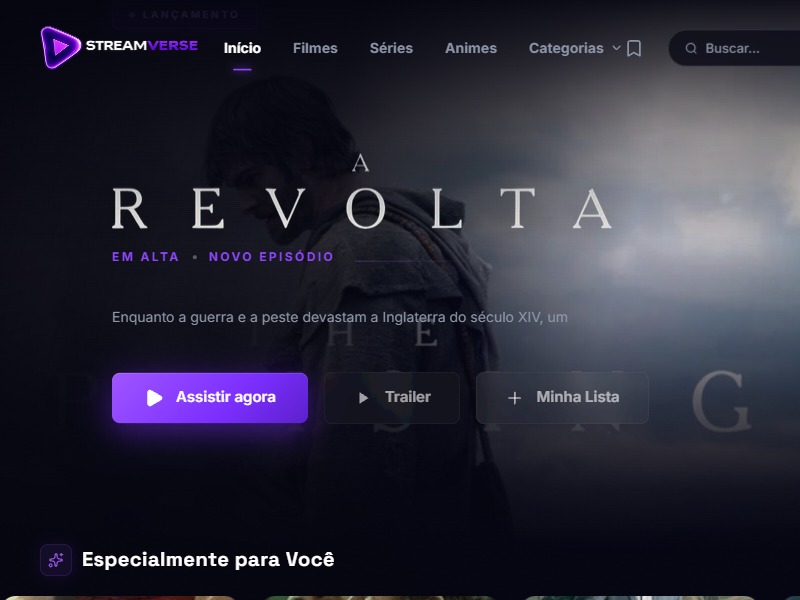 Interface da plataforma de streaming StreamVerse